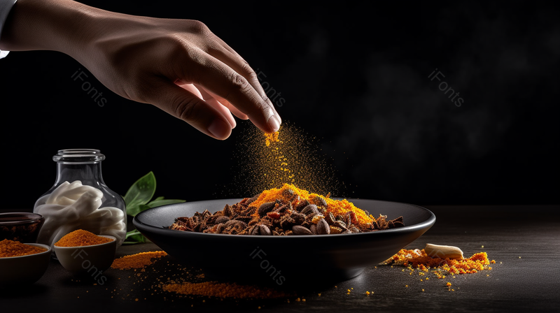 厨师在厨房料理食物用手调味黑色背景摄影图,高清,摄影图,摄影图片,图片大全,摄影图免费下载